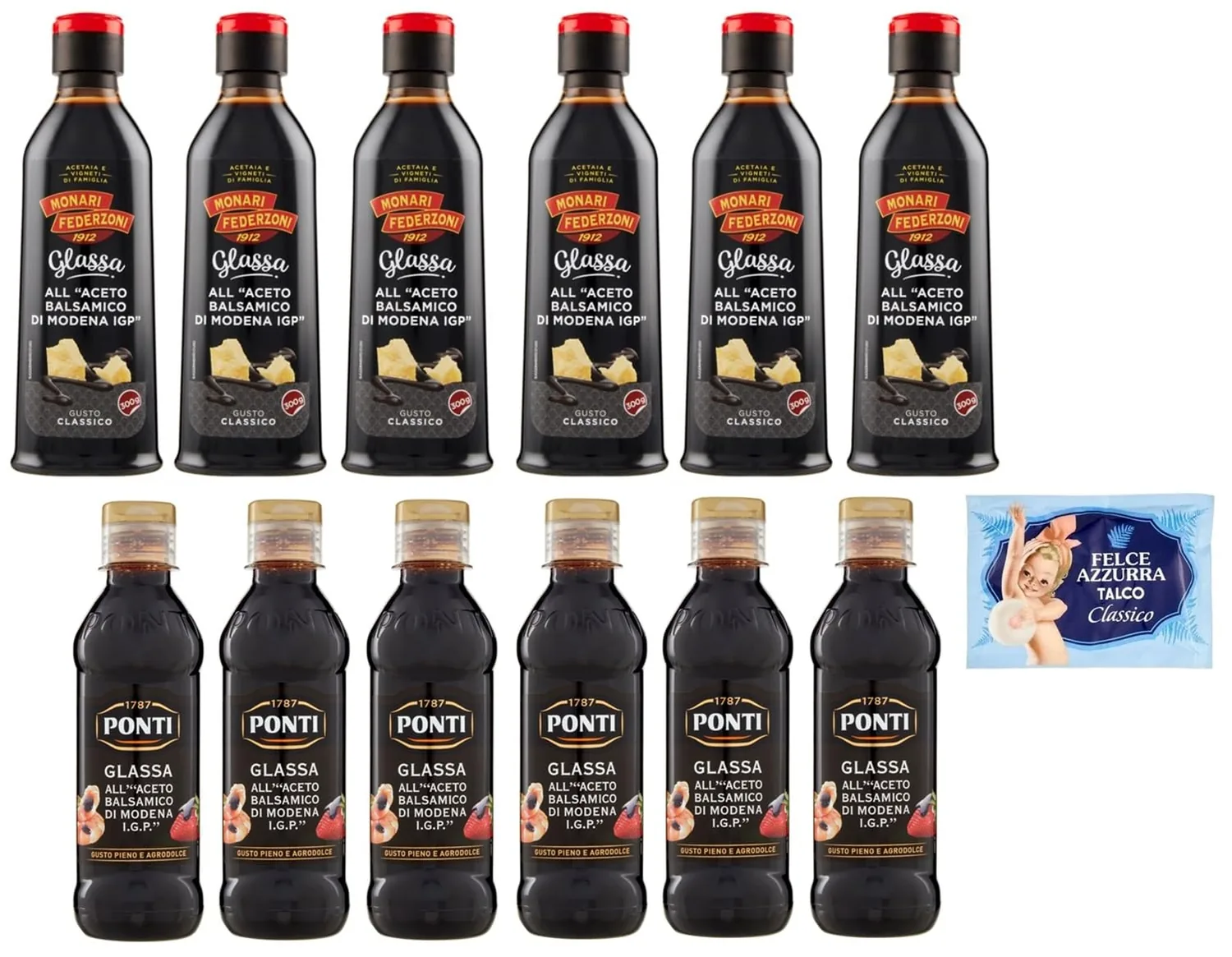 Lot De 12 Paquets De Test Monari Federzoni 300 G + Ponti 250 G Glassa All'aceto Balsamico Di Modena, Crème Glacée Au Vinaigre Balsamique De Modène I.G.P. + 1 Sachet De Talc Felce Azzurra 100 G
