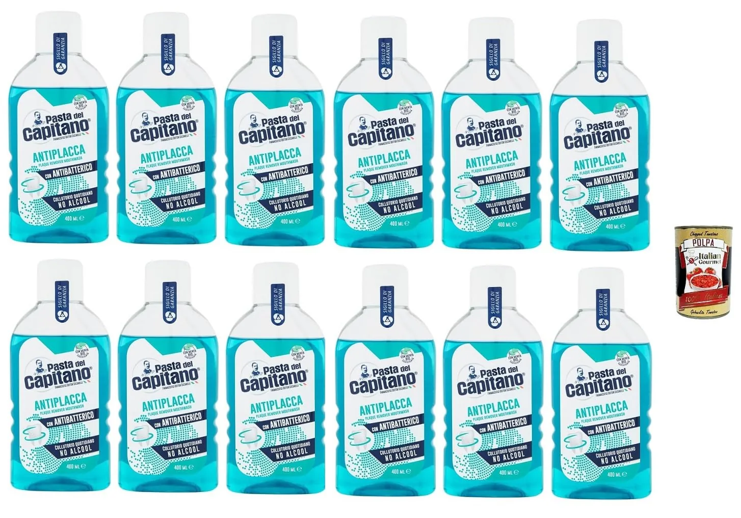 Pasta Del Capitano Collutorio Antiplacca Bain De Bouche Anti-Plaque 12 X 400 Ml + Italian Gourmet Polpa 400 G