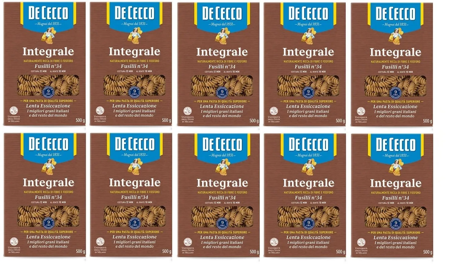 10x Pasta De Cecco Fusilli Integrali N° 34 Pâtes Italiennes À Grains Entiers 500g