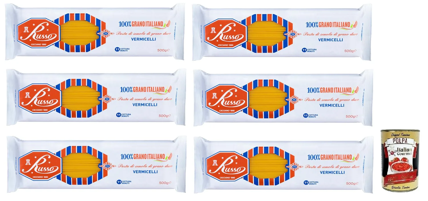 Russo Vermicelli N°70 Lot De 6 Pâtes À Semoule De Blé Dur 100 % Blé Italien 500 G + Boîte De 400 G
