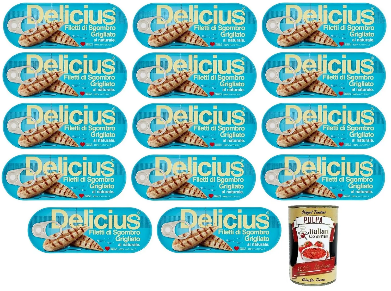Delicius Filetti Di Sgombro Grigliati Al Naturale Lot De 14 Filets De Maquereau Grillés Naturels Riches En Oméga 3, Poisson Bleu De Haute Qualité, Boîte De 110 G + Boîte De 400 G Gourmet Italienne