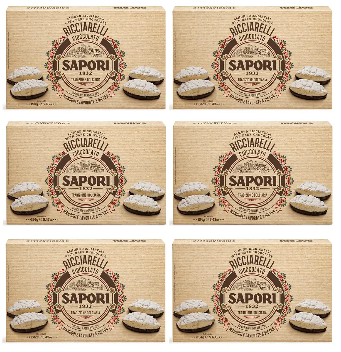 6 X Sapori Ricciarelli Alla Mandorla Con Base Di Cioccolato Pâte D'amande Et Base Croustillante De Chocolat Noir 154 G Chocolat Noir 72 %