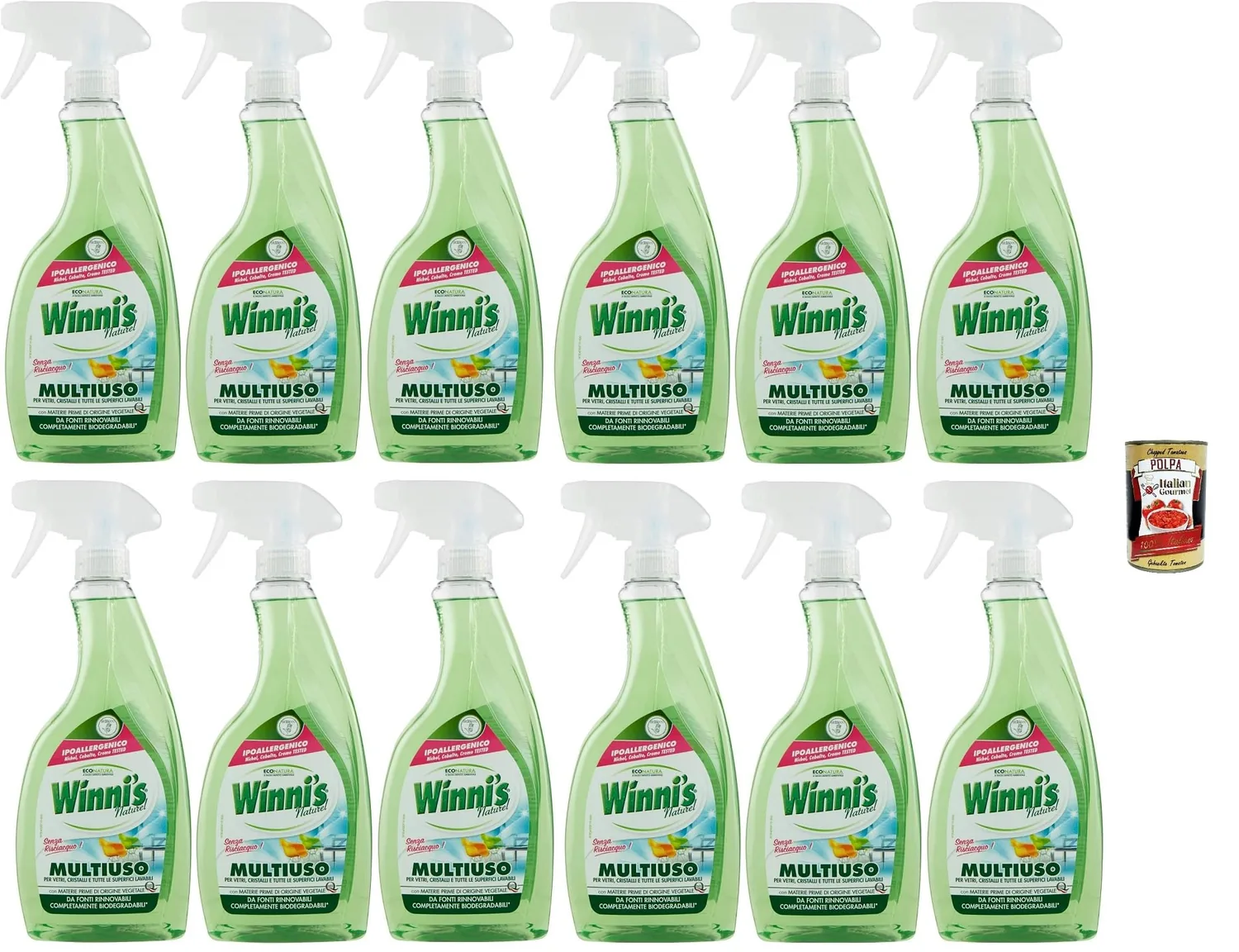 Winni's Lot De 12 Sprays De Nettoyage Multi-Usages Hypoallergéniques Pour Le Verre, Les Miroirs Et Les Surfaces Lavables, Sans Rinçage, 500 Ml + Italian Gourmet Polpa 400 G