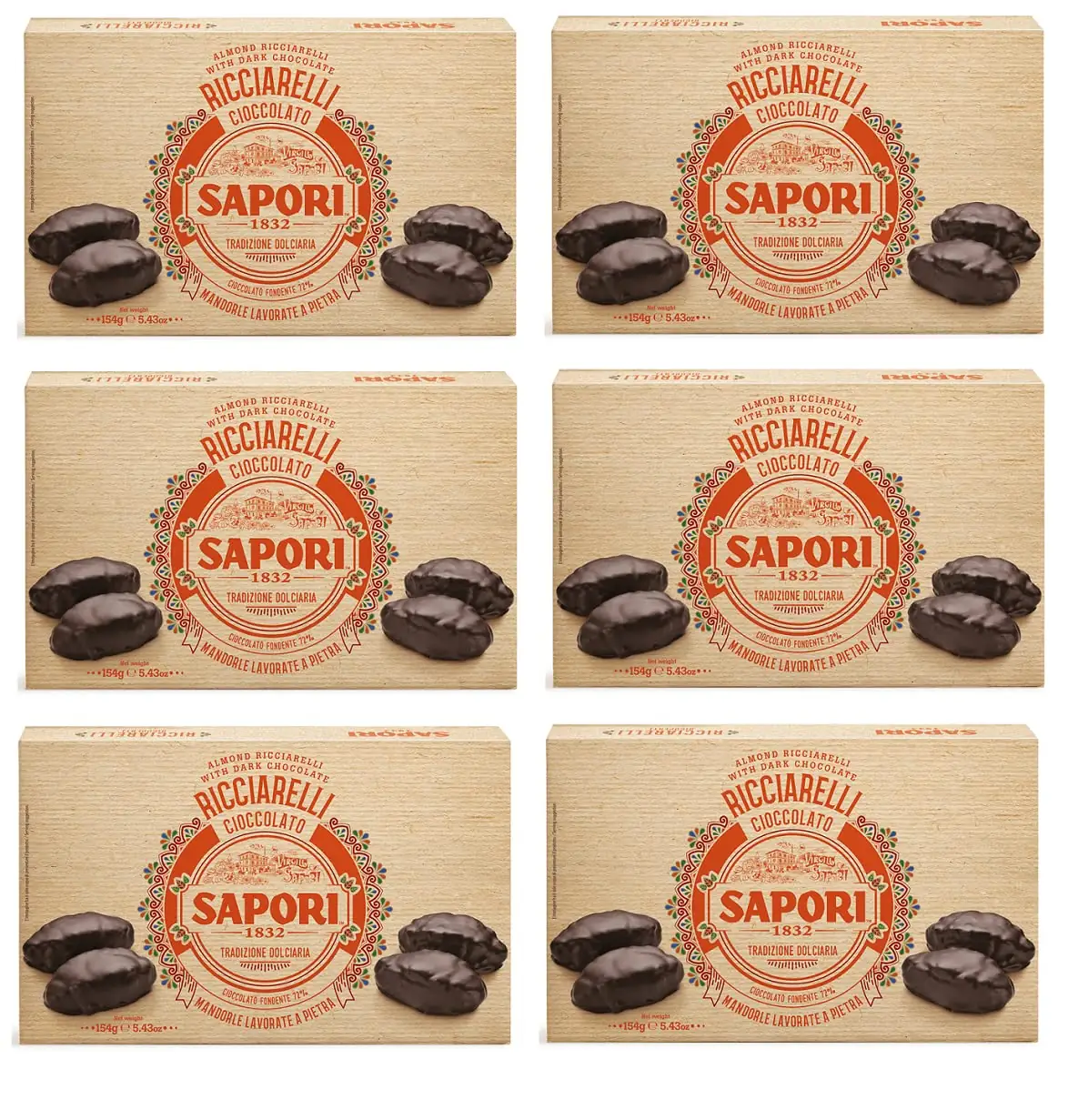 6x Sapori Ricciarelli Al Cioccolato Pâte D'amande Enrobée De Chocolat Noir 154g Chocolat Noir 72%