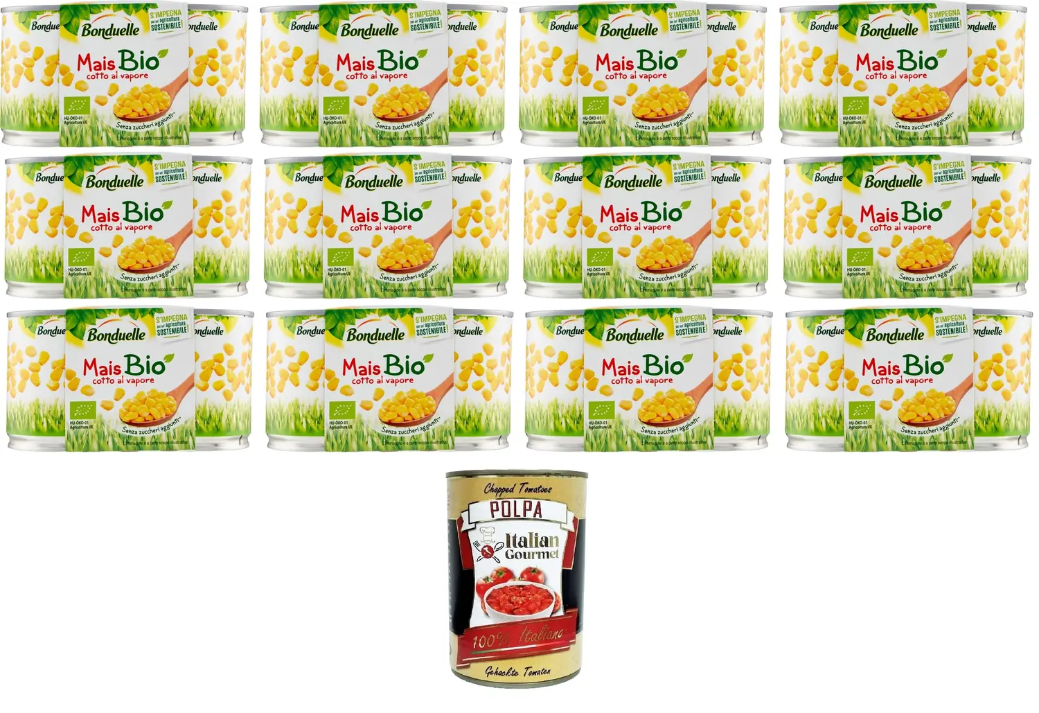 Bonduelle Maïs Cotto Al Vapore Maïs Cuit À La Vapeur 12 X 300 G (2 X 150 G) + Italian Gourmet Polpa 400 G
