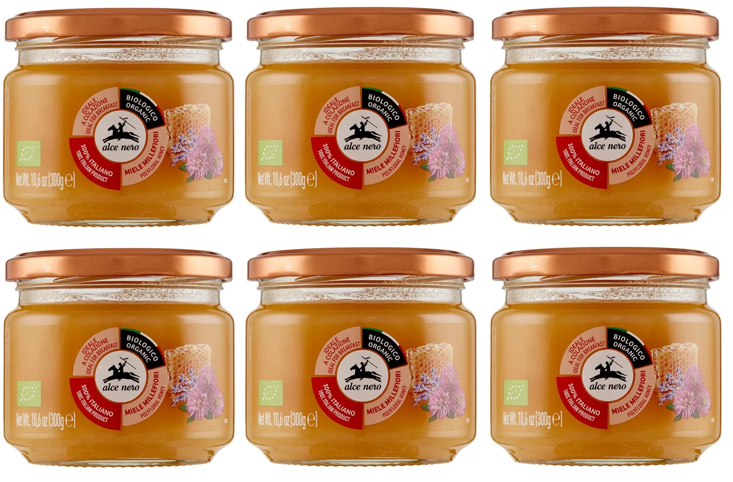 Alce Nero Miele Millefiori Biologico Lot De 6 Miel Bio À Fleurs Sauvages 100 % Miel Italien Bio 300 G