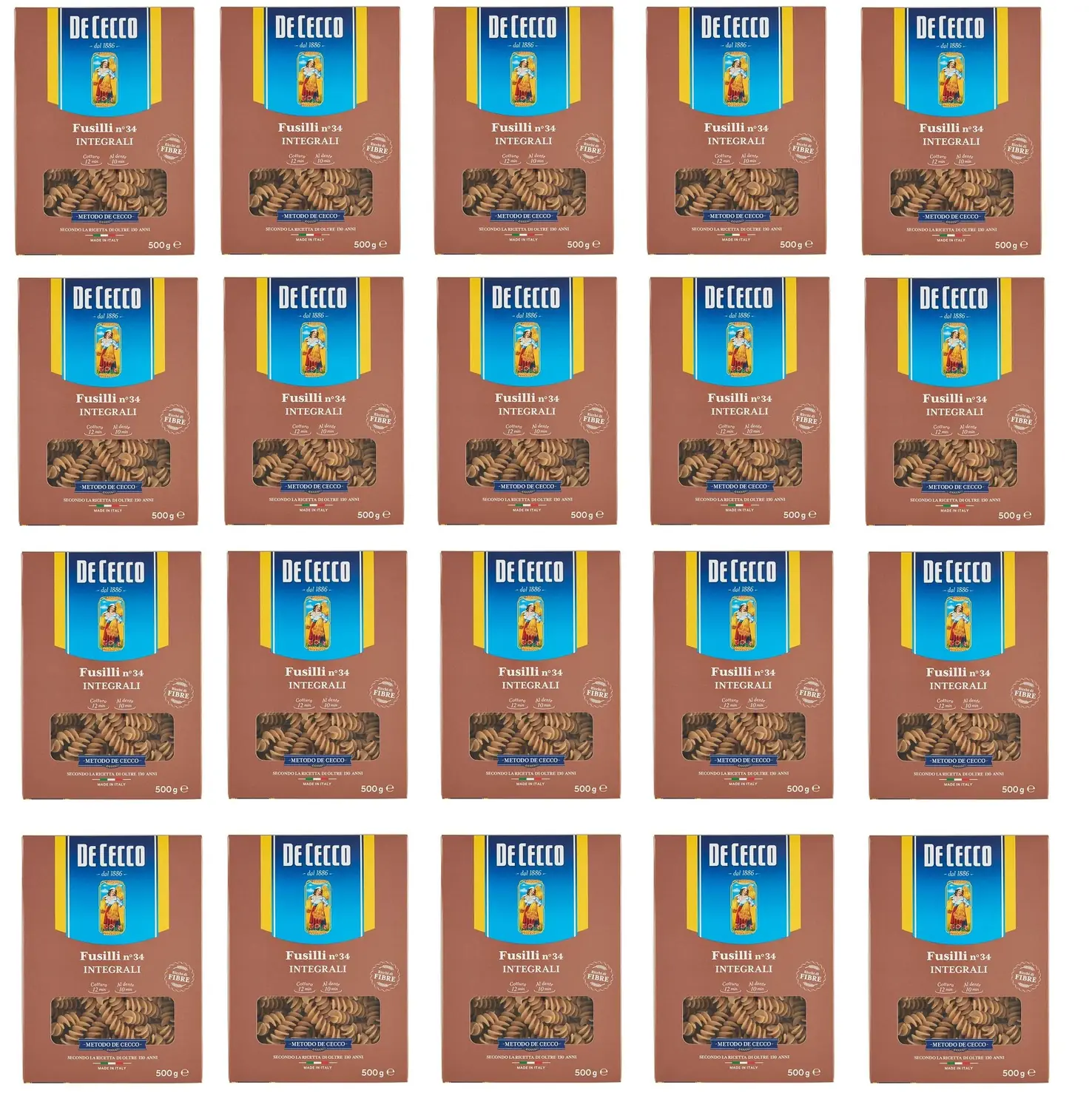 20x Pasta De Cecco Fusilli Integrali N° 34 Pâtes Italiennes À Grains Entiers 500g