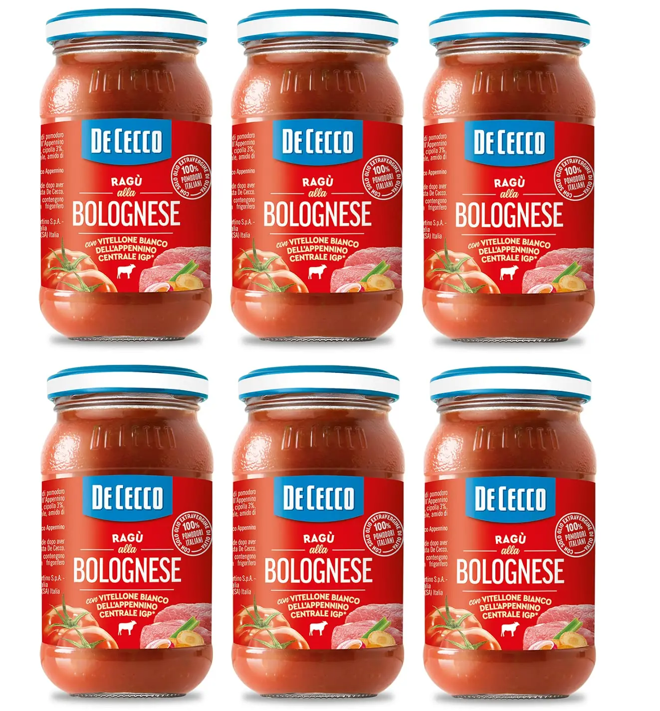 6x De Cecco Ragù Alla Bolognese Con Vitellone Bianco Dell'appenino Centrale Igp Sauce Au Boeuf Blanc De L'igp Des Apennins Centraux Avec 100% De Tomates Italiennes 190g