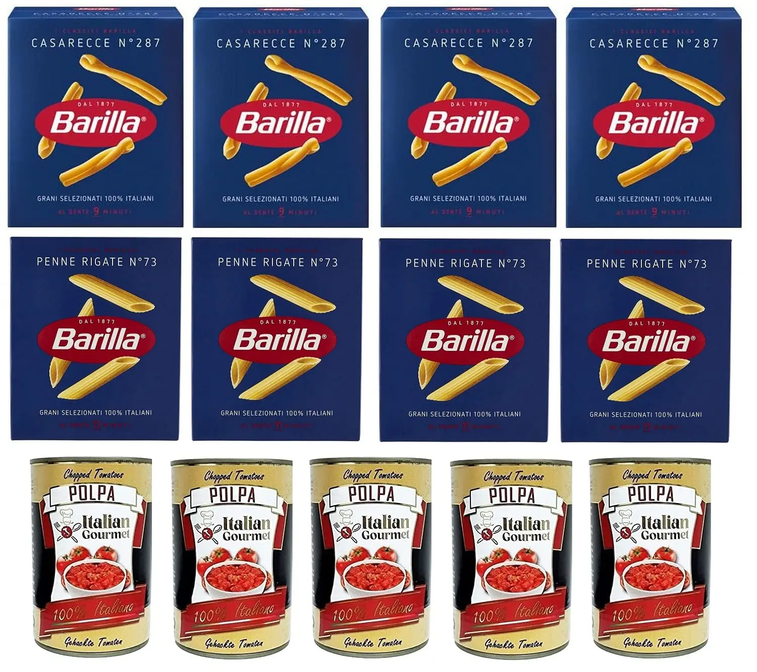 4 X Barilla Casareccia 500g + 4 X Barilla Penne Rigate Et Italian Gourmet Polpa Di Pomodoro Pâte De Tomates Finement Hachée 5 X 400 G