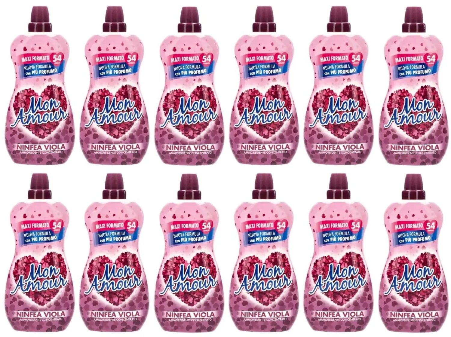 Lot De 12 Flacons D'adoucissant Concentré Felce Azzurra Mon Amour Ammorbidente Ninfea Viola, 54 Lavages, 1350 Ml