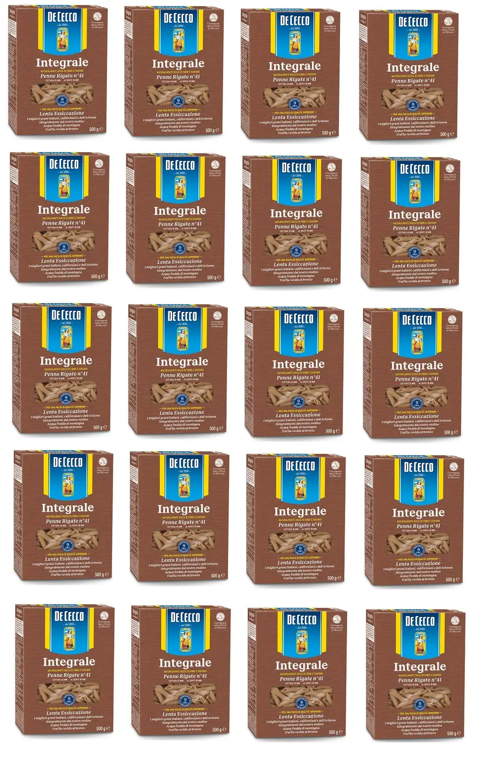 20x Pasta De Cecco Penne Rigate Integrali N° 41 Pâtes Italiennes À Grains Entiers 500g