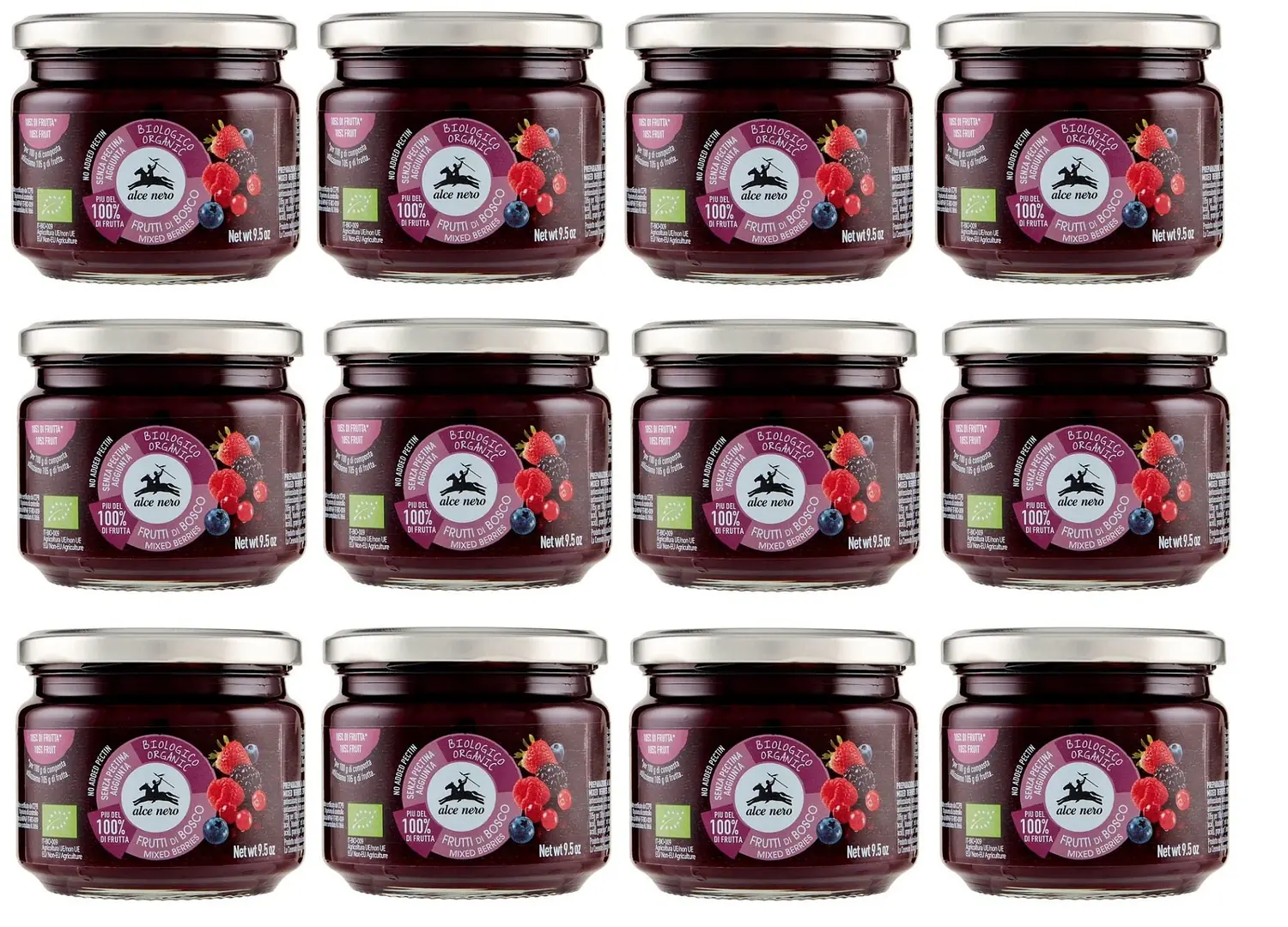 12 X Alce Nero Composta Di Frutti Di Bosco Biologica Bio Compote De Baies Avec Fraises Biologiques, Mûres, Myrtilles, Groseilles Rouges Et Framboises 270 G