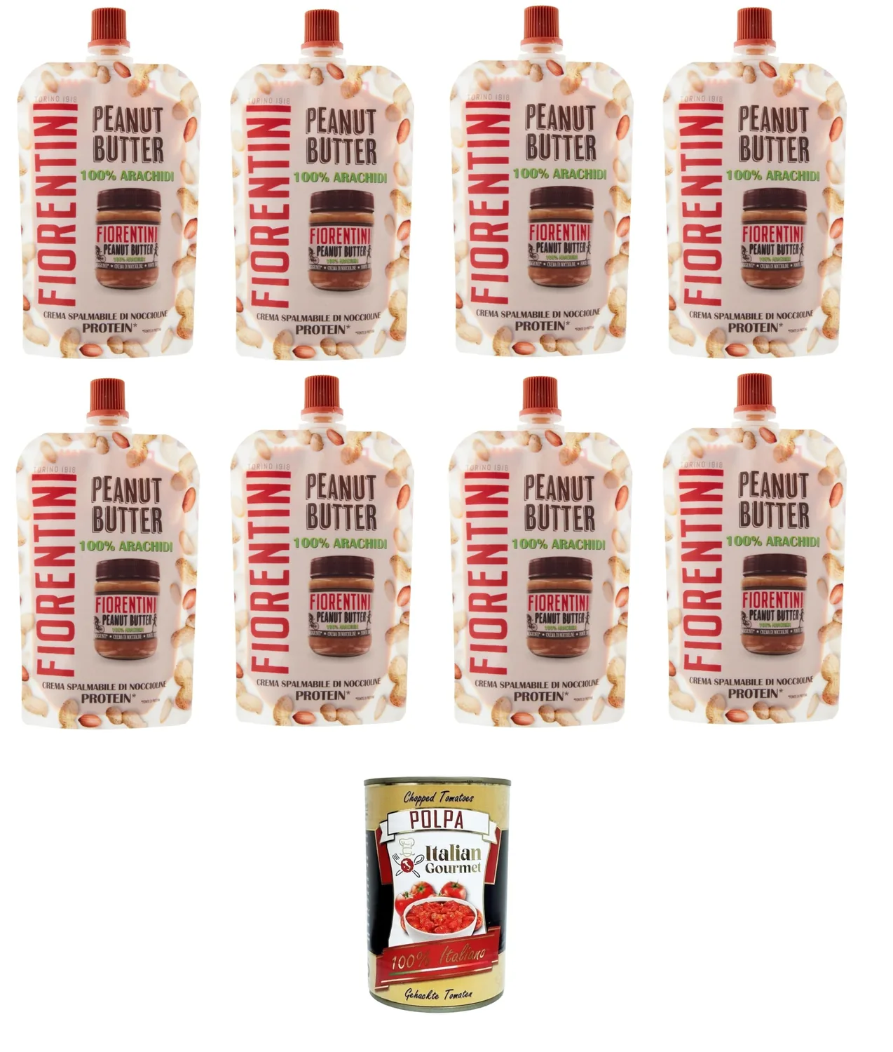 Fiorentini Lot De 8 Sachets De Beurre D'arachide 100 % Arachidi Dans Pochette 8 X 100 G + Italian Gourmet Polpa 400 G