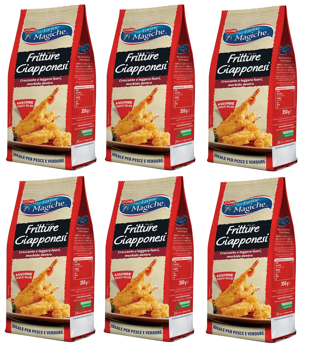 6x Lo Conte Le Farine Magiche Mix Per Tempura Fritture Giapponesi Mélange Pour Farine De Blé Tendre Type "1" Idéal Pour Les Légumes Et Les Poissons 350 G