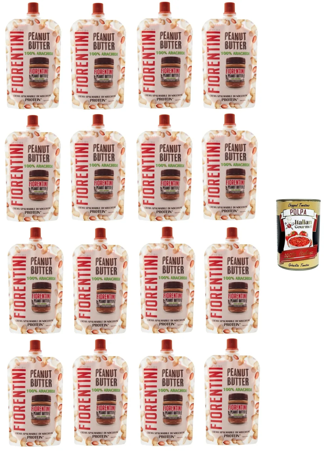 Fiorentini Beurre De Cacahuète 100 % Arachidi Dans Une Pochette 100 % Cacahuètes En Sachet 16 X 100 G + Italian Gourmet Polpa 400 G