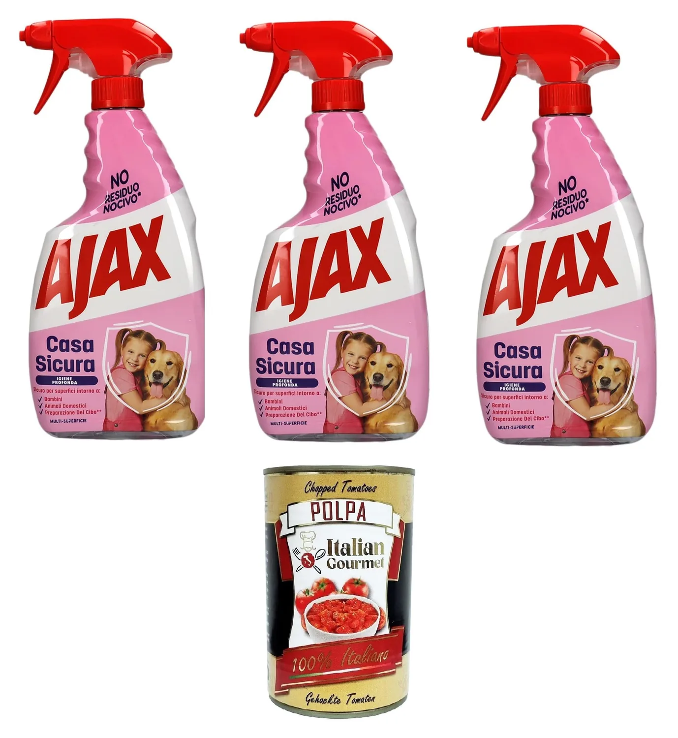 Ajax Casa Sicura Pets Lot De 3 Sprays Détergentes Multi-Surfaces Sans Résidus Pour Animaux De Compagnie, Nettoyant Sans Résidus Pour Plusieurs Surfaces, 3 X 600 Ml + Italian Gourmet Polpa Di Pomodoro