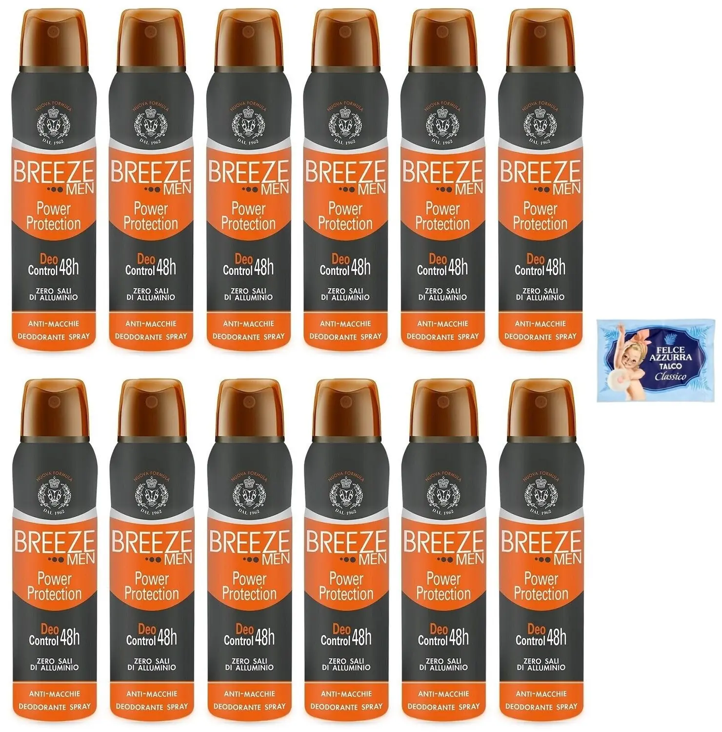 12 X Breeze Déodorant Spray Man Power Protection, Zéro Taches Sur La Peau, 0 % Sels D'aluminium 150 Ml + 1 Enveloppe De Talc Fougère Bleue Offerte De 100 G