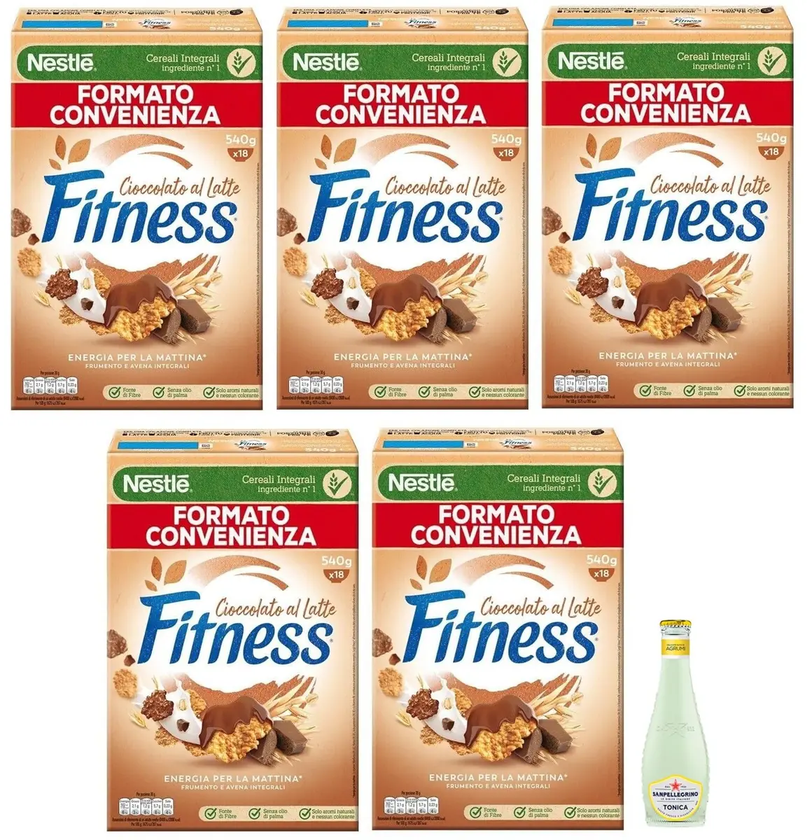 5 X Nestlé Fitness Grains Entiers Avec Chocolat Au Lait, Maxi Format 540 G + 1 X San Pellegrino Tonica Agrumes 20 Cl