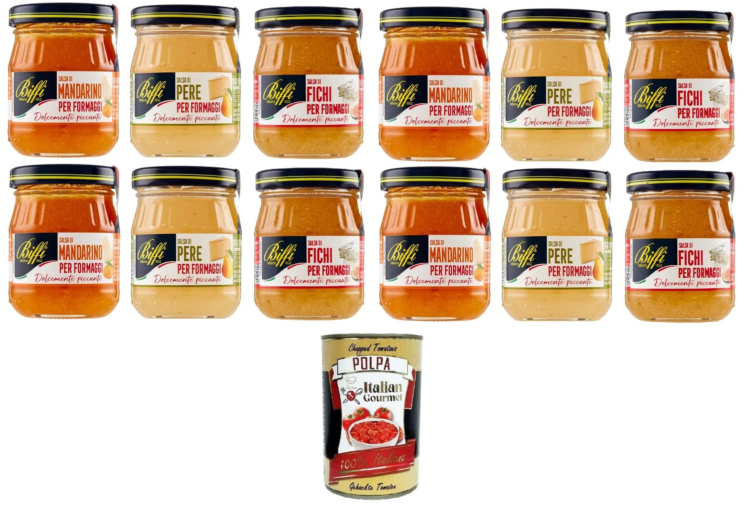 Biffi Salse Per Formaggi Mandarino, Pera, Fichi Sauces Au Fromage Mandarine, Poire, Figue – Sucré Et Épicé 12 X 100 G + Italian Gourmet Polpa 400 G