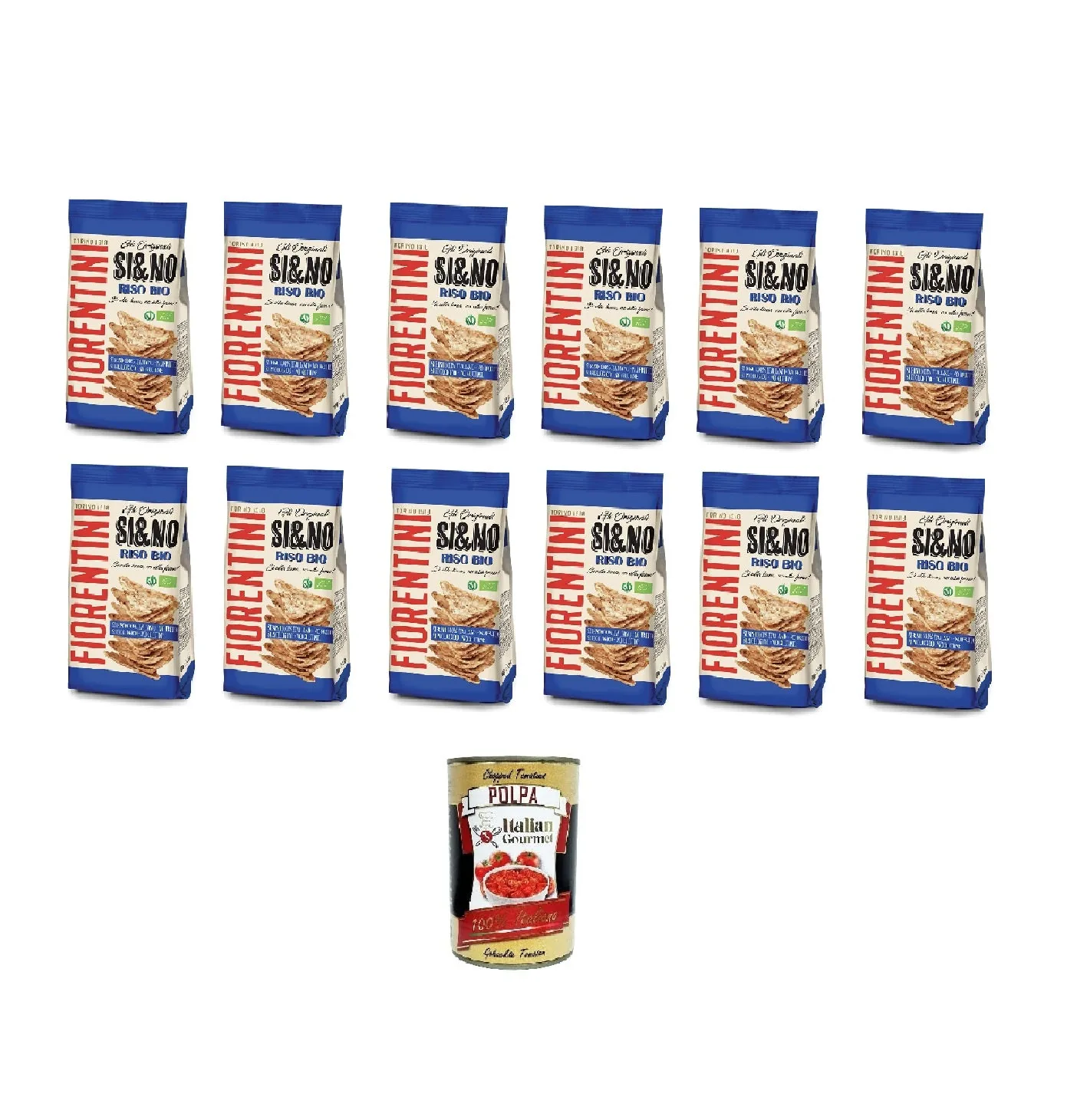 12x Fiorentini SI&NO Mini Gallette di Riso con Sale Marino BIO Mini galettes de riz au sel marin issues de l'agriculture biologique 100 g Snack croustillant Sans gluten + Italian Gourmet polpa 400g