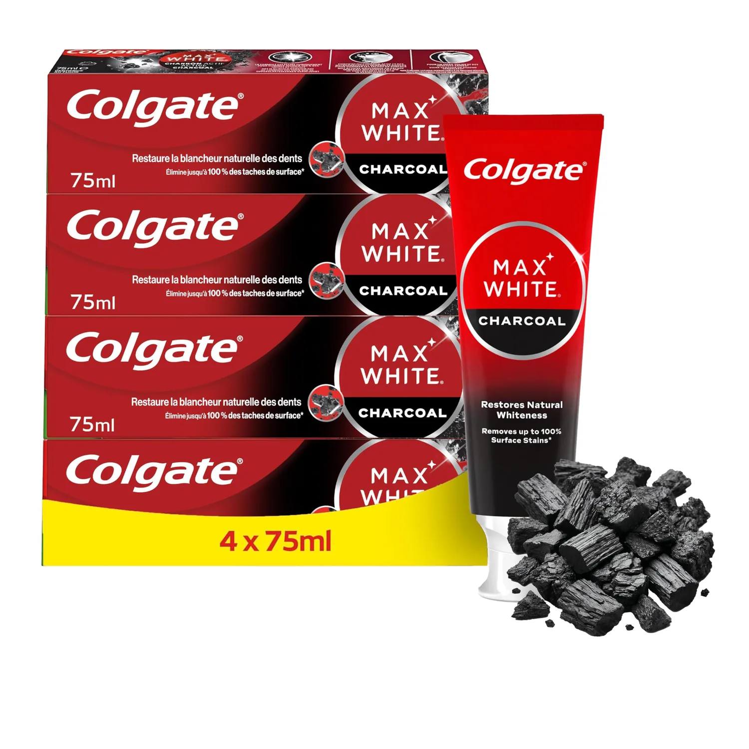 Colgate - Dentifrice Blanchissant Max White | Dentifrice Au Charbon Actif | Dentifrice Blanchissant | 99 % D'ingrédients D'origine Naturelle | Dentifrice Colgate Lot De 4 X 75ml