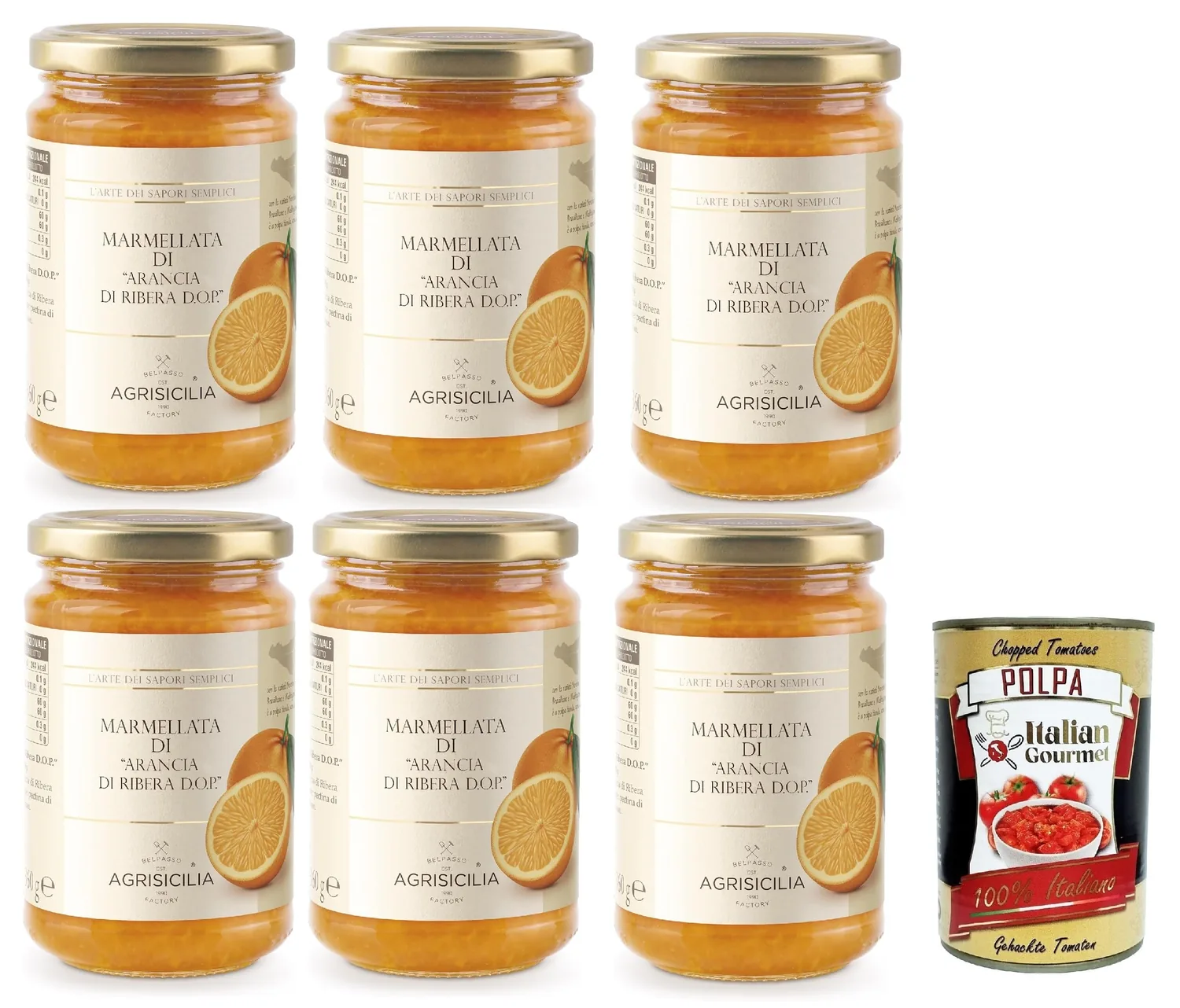 Agrisicilia Marmellata Di Arancia - Confiture Orange De Ribera D.O.P - Agrumes De Qualité Supérieure Et Excellent Artisanat Pour Le Petit Déjeuner Et Les Collations - 6 X 360 G + Italian Gourmet Polpa