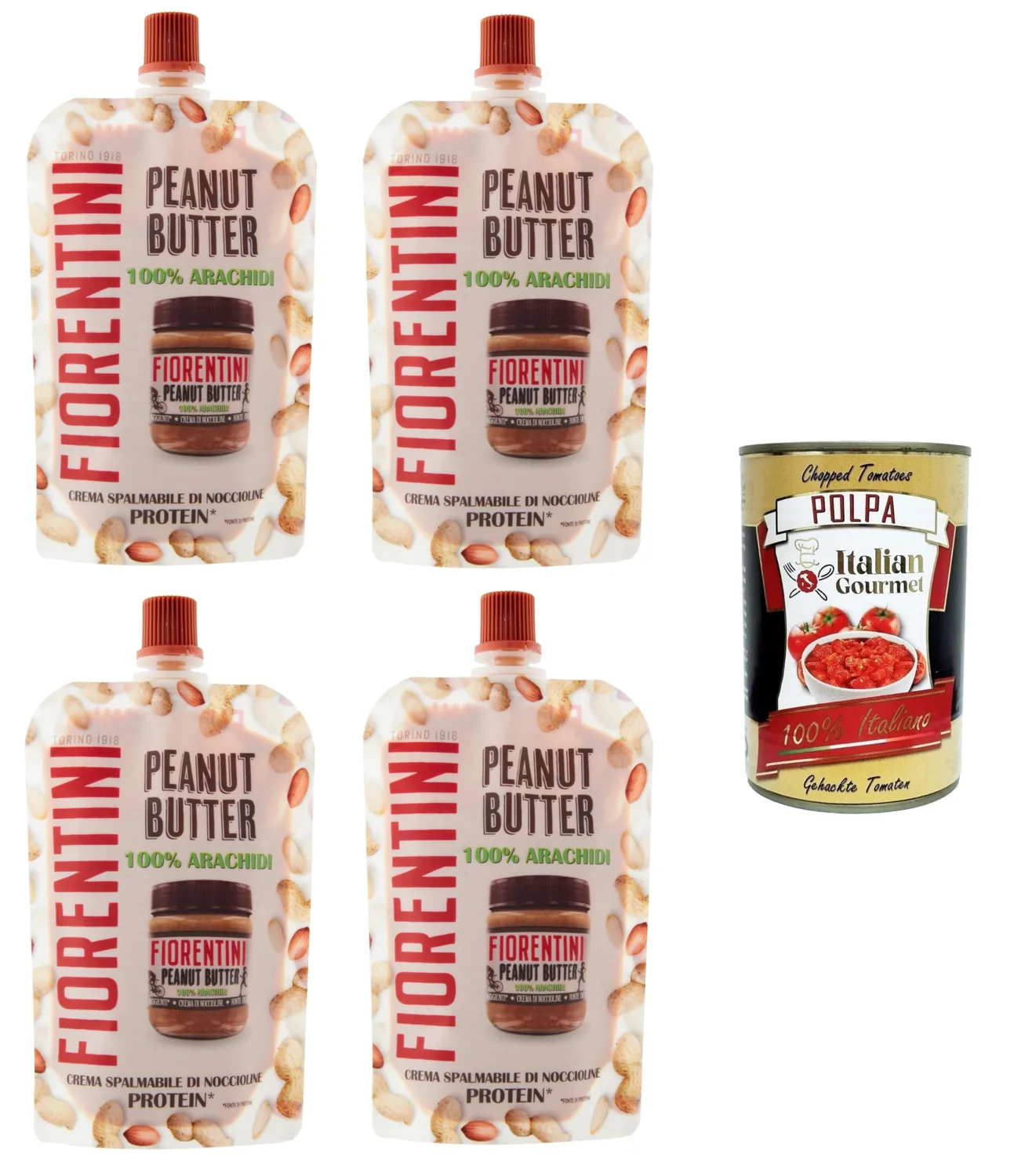 Fiorentini Lot De 4 Sachets De Beurre De Cacahuète 100 % Arachidi Dans Pochette 4 X 100 G + Italian Gourmet Polpa 400 G