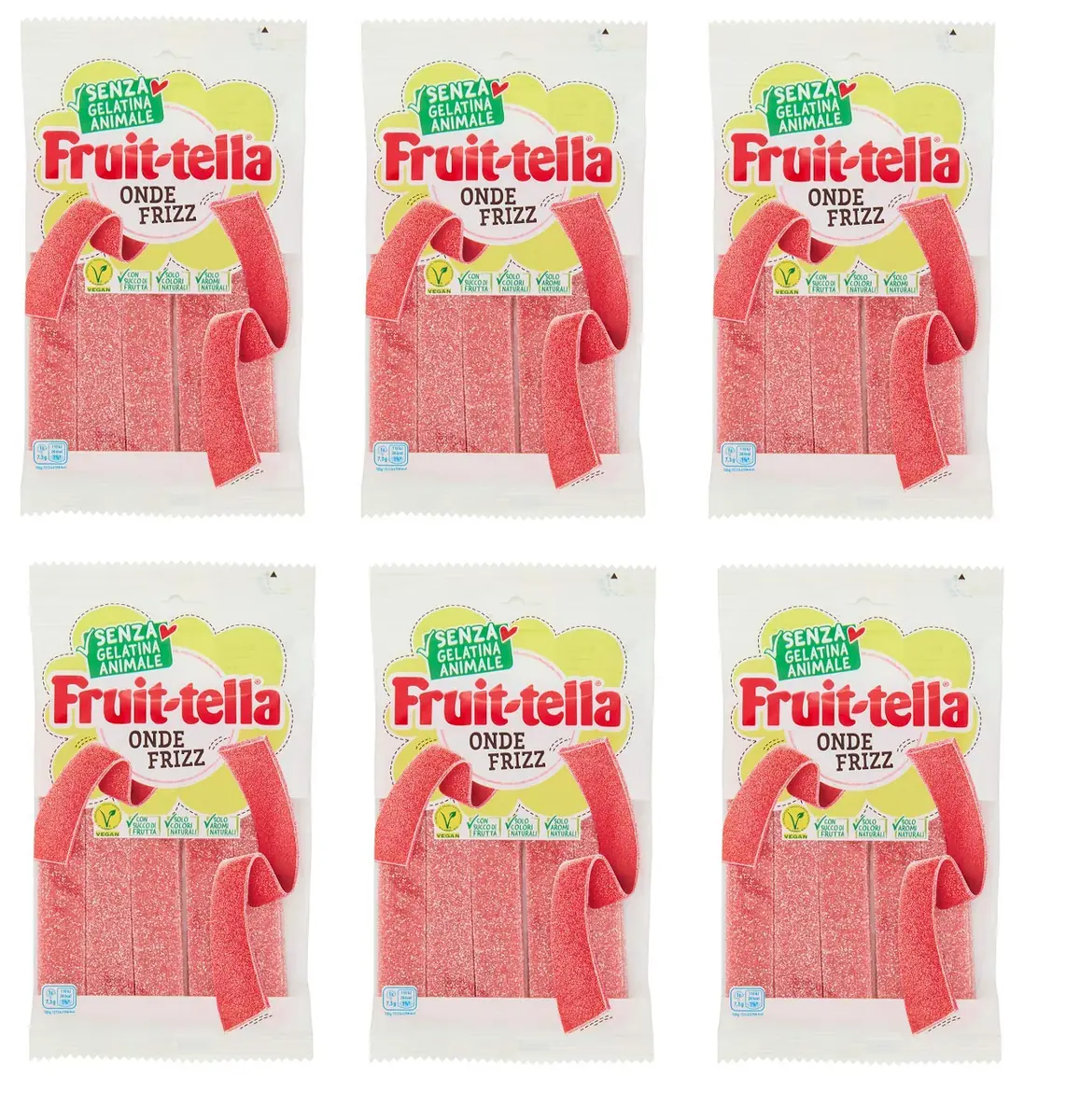 6x Fruittella Onde Frizz, Bonbons moelleux aux fruits, sans gélatine animale. Sachet de 145 g, aux arômes naturels, sans colorants artificiels et sans jus de fruits.