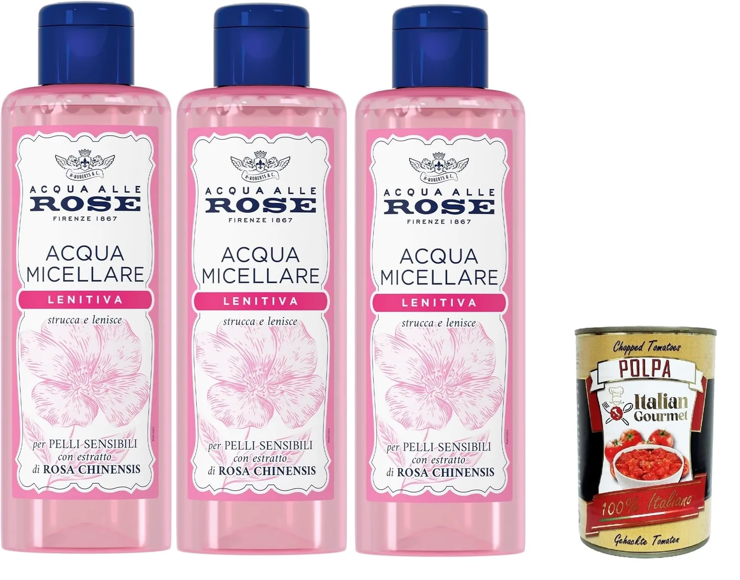 Acqua Alle Rose Acqua Micellare Lenitiva Per Pelli Sensibili Eau Micellaire Apaisante Pour Peaux Sensibles 3 X 200 Ml + Italian Gourmet Polpa 400 G