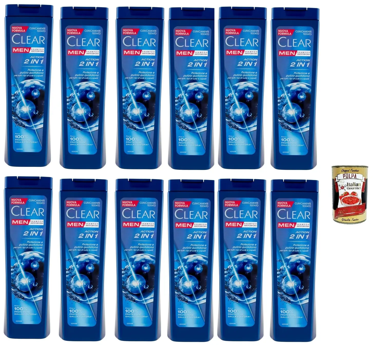 Clear Action Shampooing 2 En 1 Pour Homme Pour Tous Les Types De Cheveux Et De Cuir Chevelu – Shampoing Pelliculaire 12 X 225 Ml + Italian Gourmet Polpa 400 G