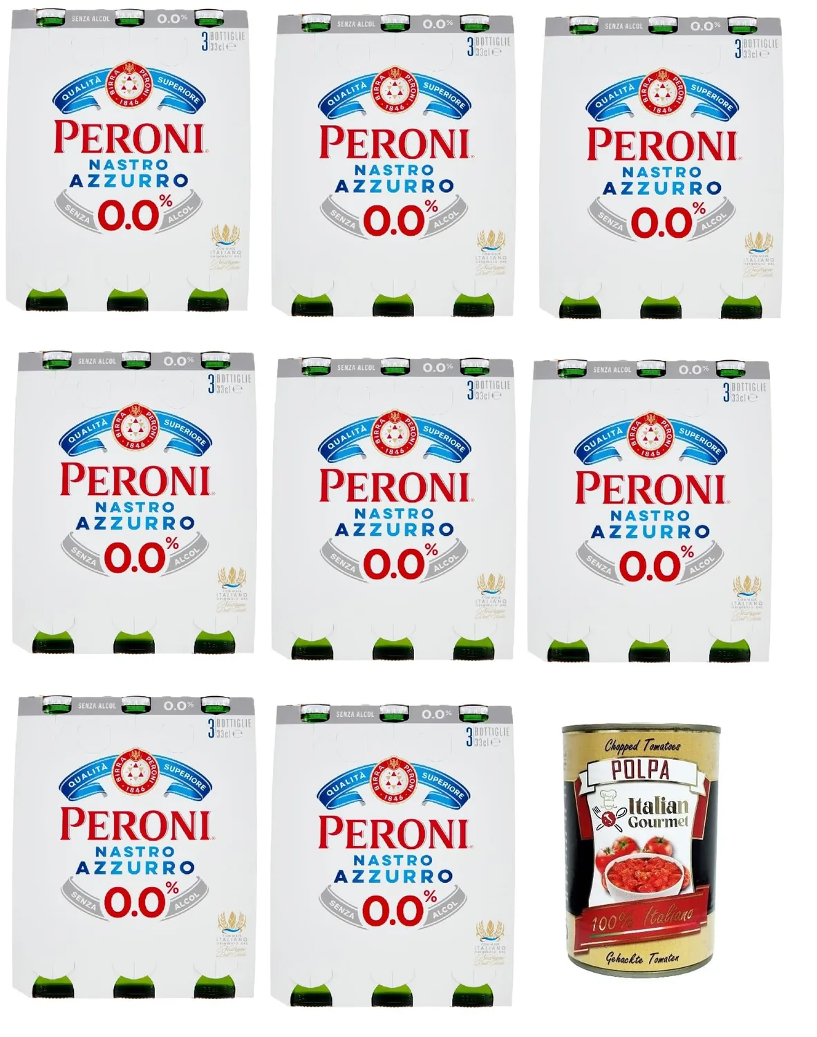 Birra Peroni Nastro Azzurro Zero Lot De 24 Bouteilles De Bière Sans Alcool 0,33 L + Italian Gourmet Polpa 400 G