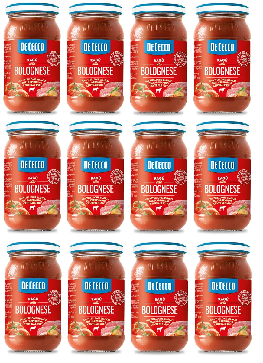 12 X De Cecco Ragù Alla Bolognese Con Vitellone Bianco Dell'appenino Centrale Igp Sauce Au Boeuf Blanc Du Centre Des Apennins Igp Avec 100% De Tomates Italiennes 190g
