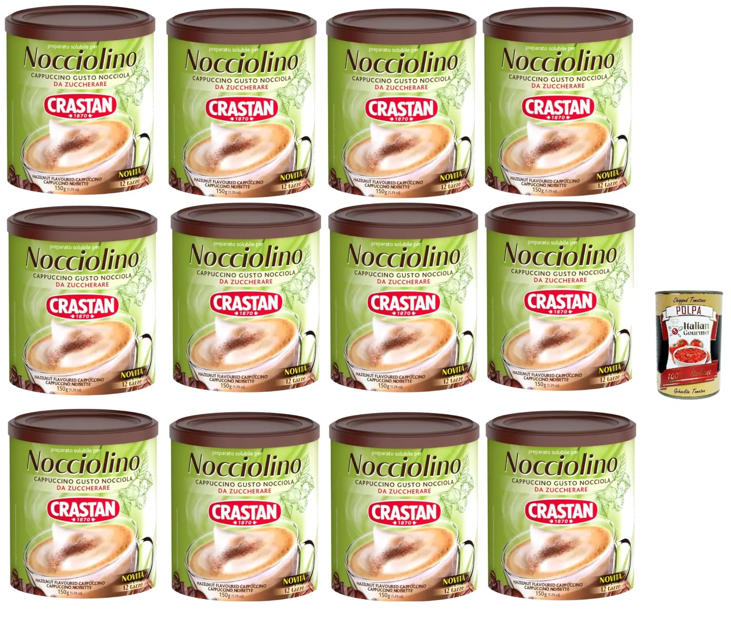 Crastan Nocciolino, Cappuccino Solubile Gusto Nocciola, Préparation Soluble Pour Le Goût Des Noisettes, Pour Être Du Sucre, 12x 150g + Italian Gourmet Polpa 400g