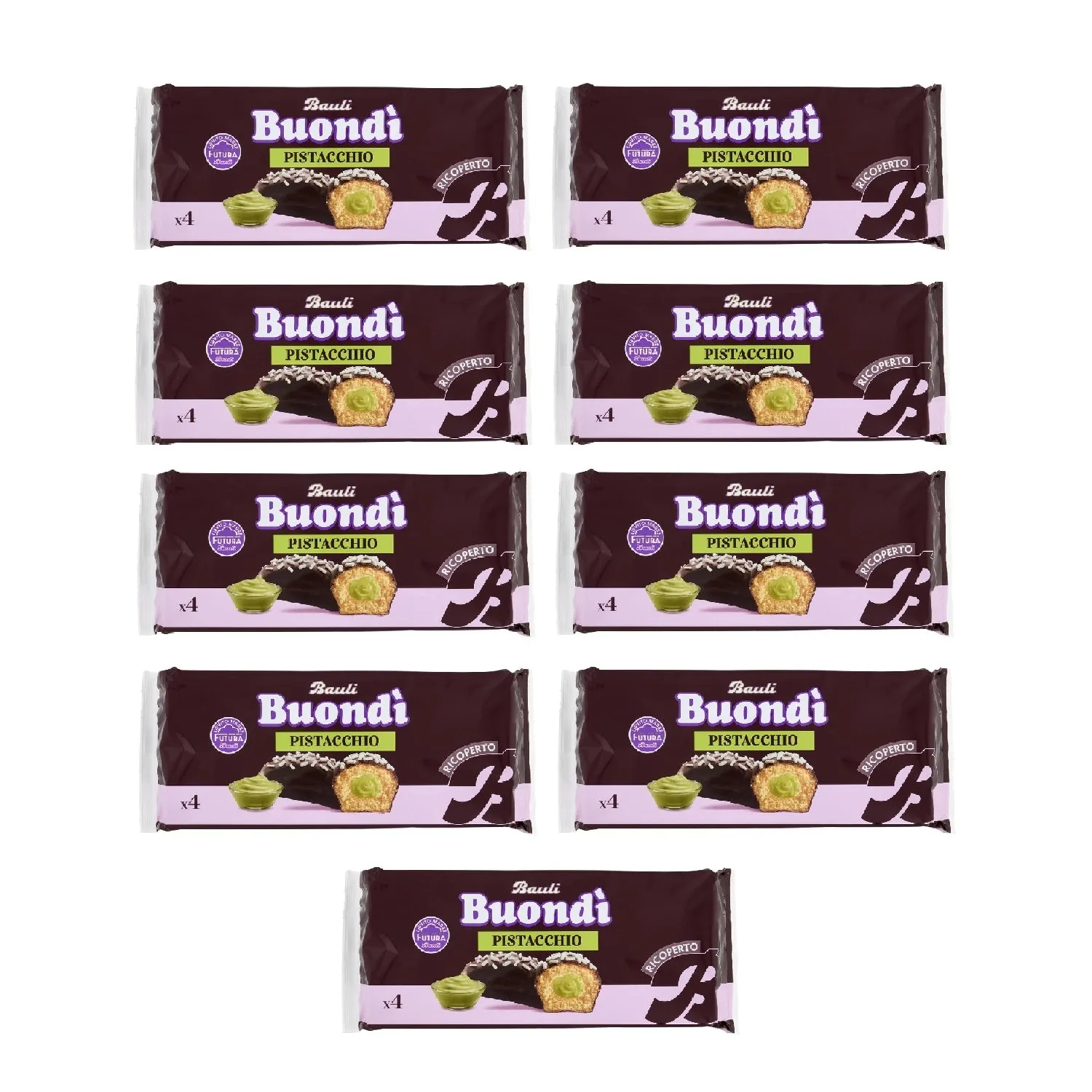 9x Bauli Buondì Pistazie – Mit Schokoladenglasur 184gr(4 x 46g) | Weiches Hefegebäck mit Pistaziencreme & Zuckerdekor