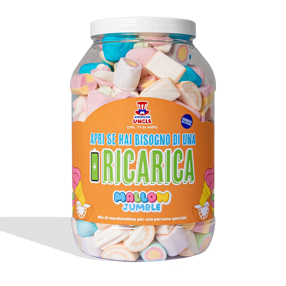 Mallow Jumble "Ouvre si tu as besoin d'une recharge", bocal de marshmallow à composer avec tes goûts préférés