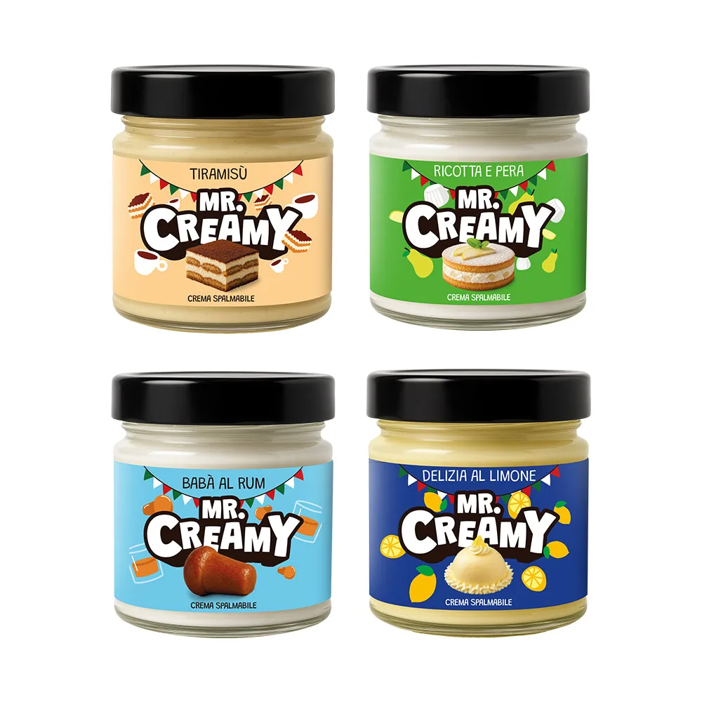 Combo Mr. Creamy "Collection de Pâtisseries Italiennes", Ricotta et Poire + Tiramisu + Délice au Citron + Babà au Rhum (4 crèmes de 200 g)