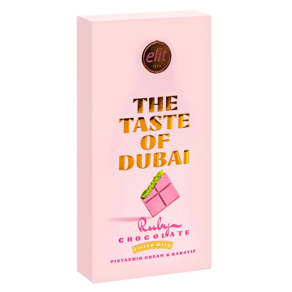 Elit Ruby Dubai Chocolate, barre de chocolat fourrée à la crème de pistache et kadayif de 90g