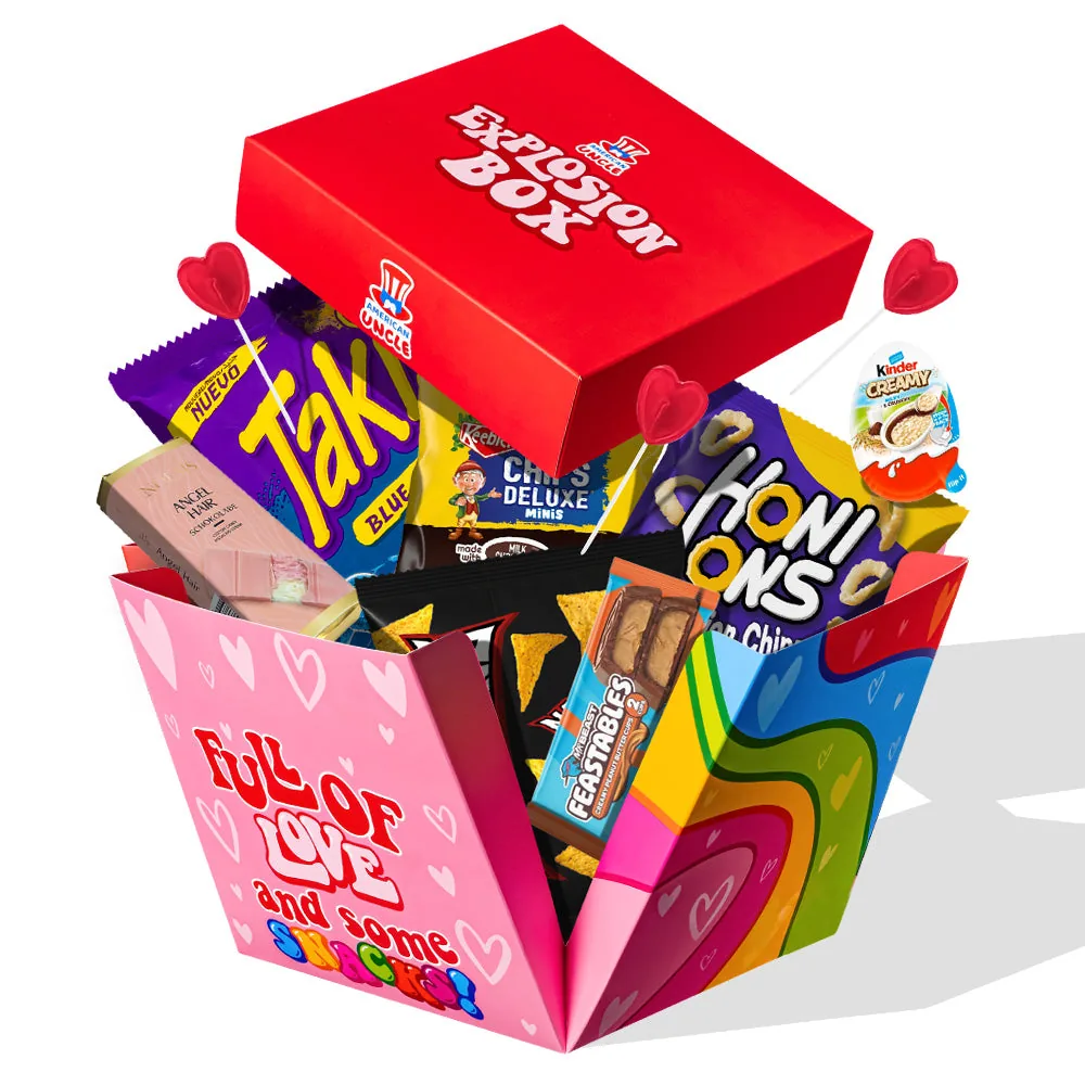 Explosion box “Love”, boîte cadeau explosive avec 15 snack douceurs sucrées et salées surprise
