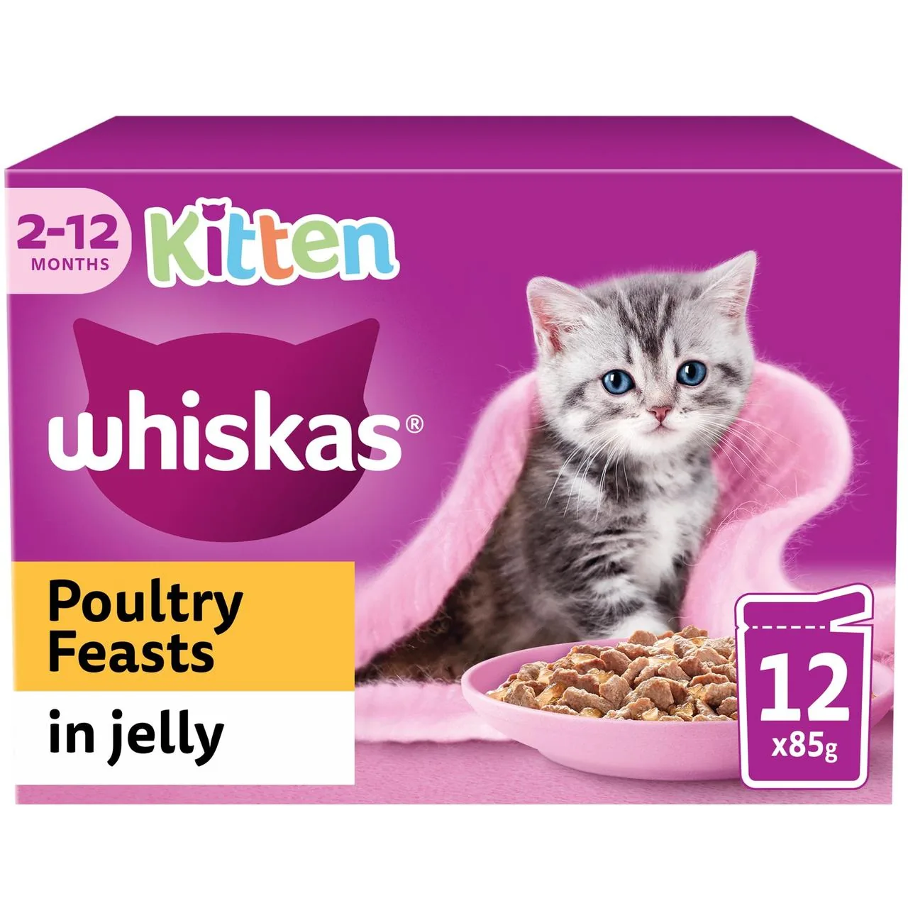 Whiskas 2-12mnths Kitten Wet Cat Pouches Poultry Feasts in Jelly 12 x 85g