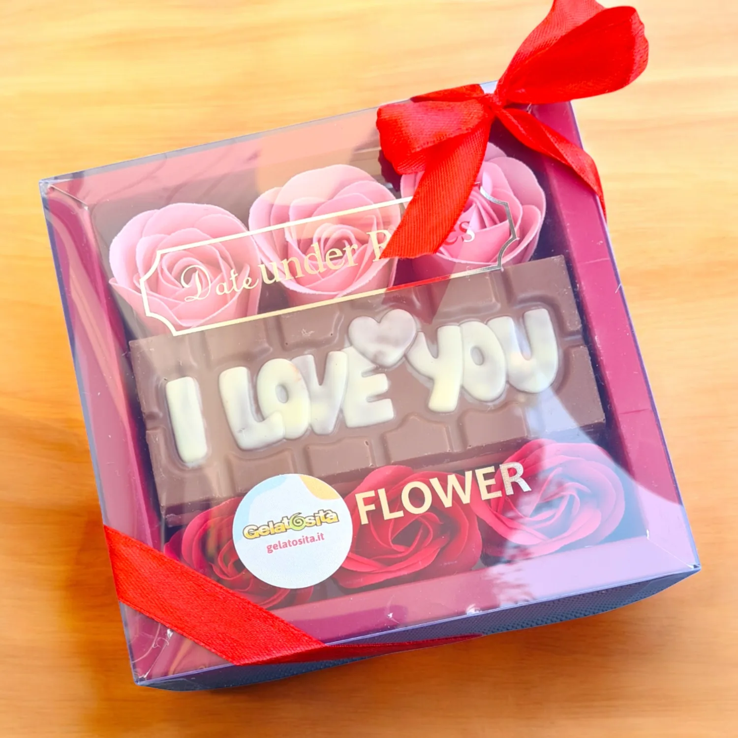 Cofanetto Sweet con 2 tavolette I LOVE YOU + 6 rose + dedica