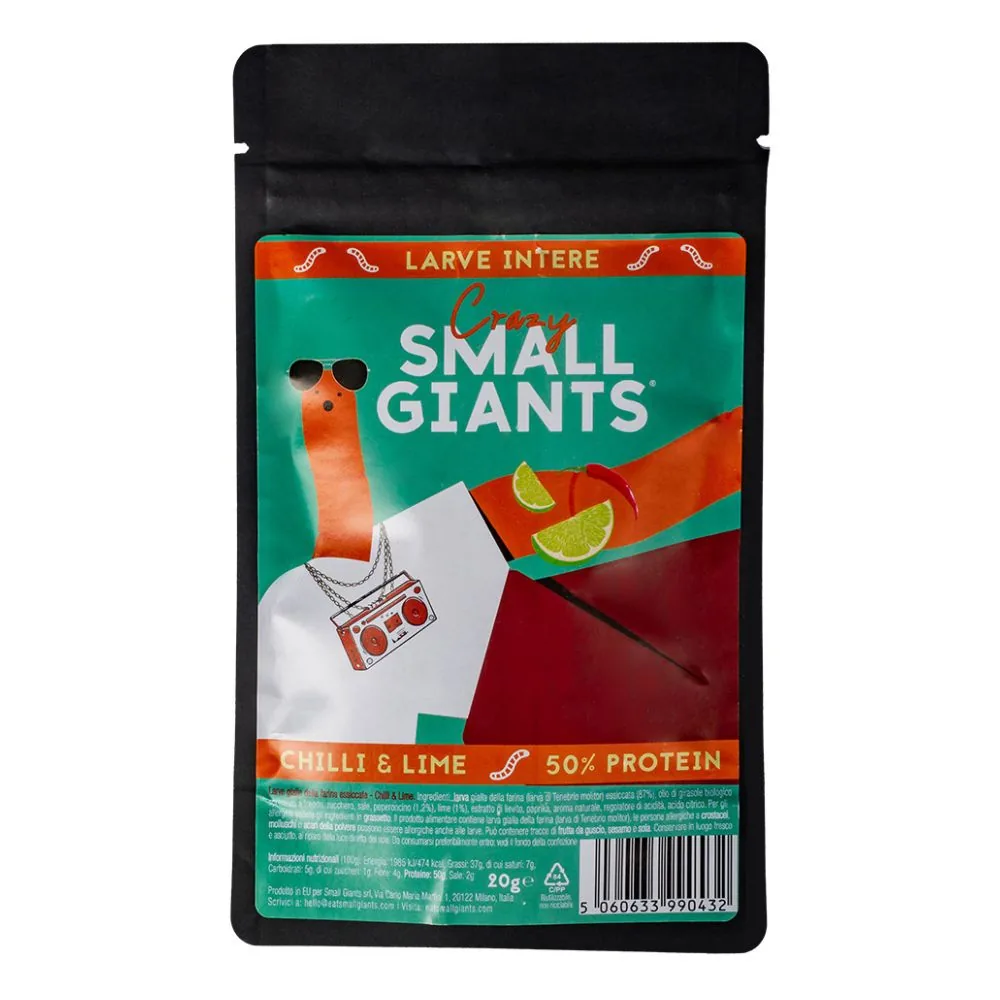 Small Giants Larves Entières Chilli Lime, larves de farine séchées aromatisées au chili et citron vert de 20g