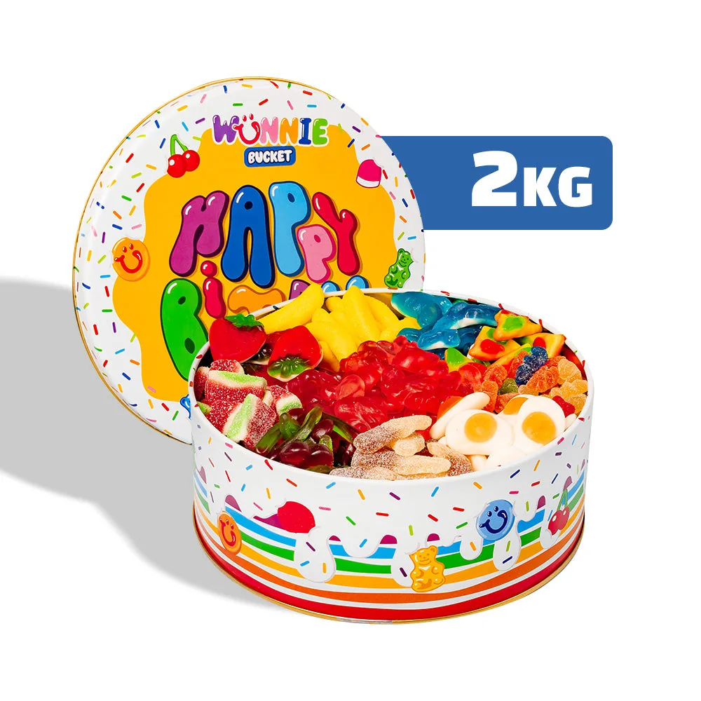 Wunnie Bucket “Joyeux Anniversaire”, boîte de bonbons gélifiés à composer avec les saveurs préférées de la personne fêtée - 2 kg