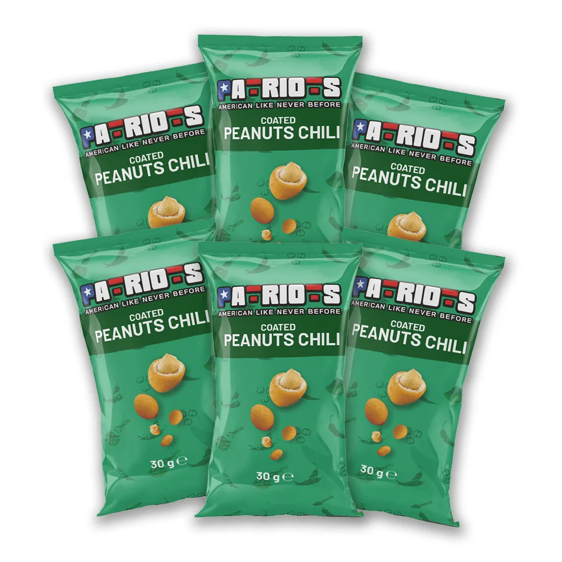 6x Patriots Cacahuètes enrobées de chili, cacahuètes au piment de 30g