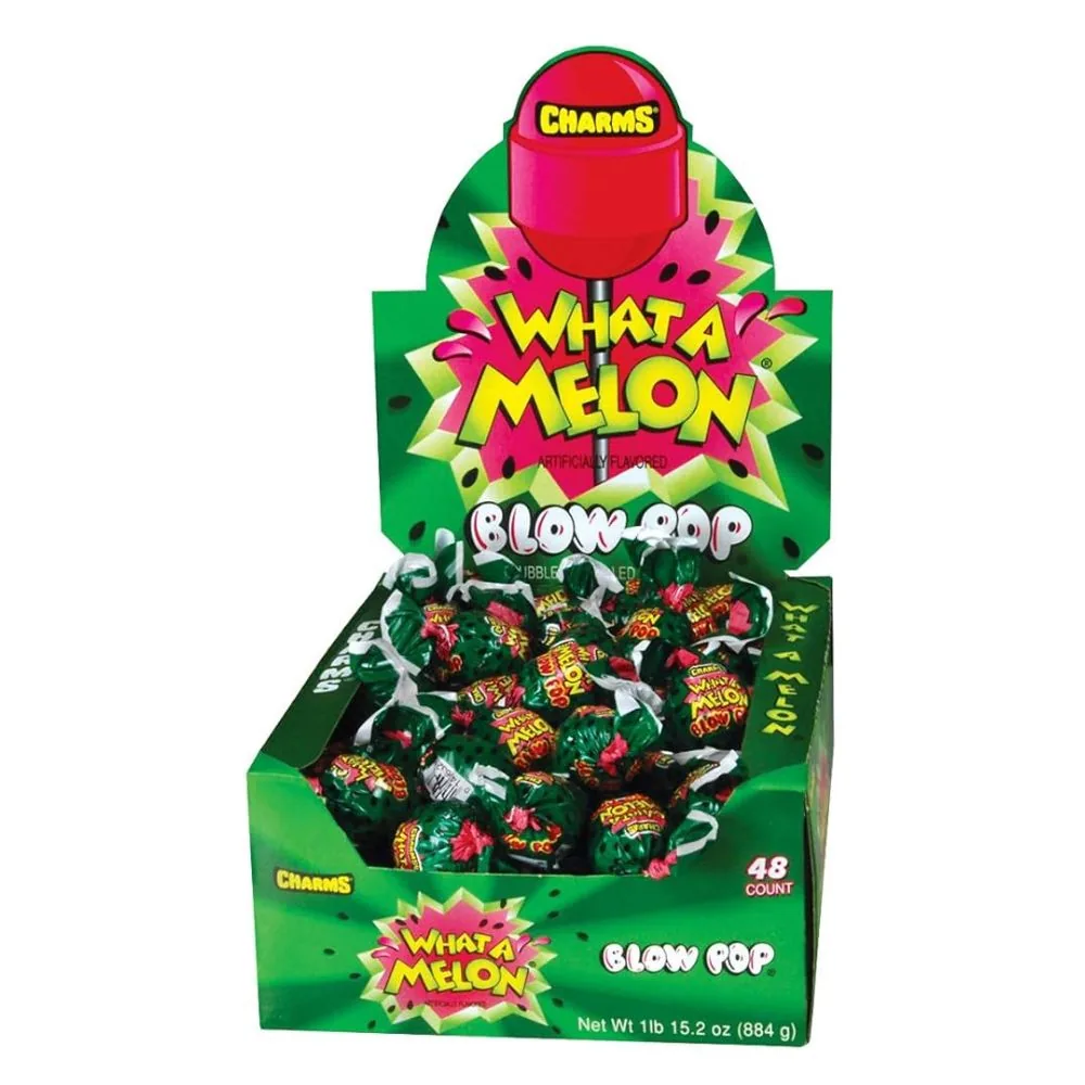 What a Melon Blow Pop, sucette avec cœur tendre à la pastèque de 18g (paquet de 48)