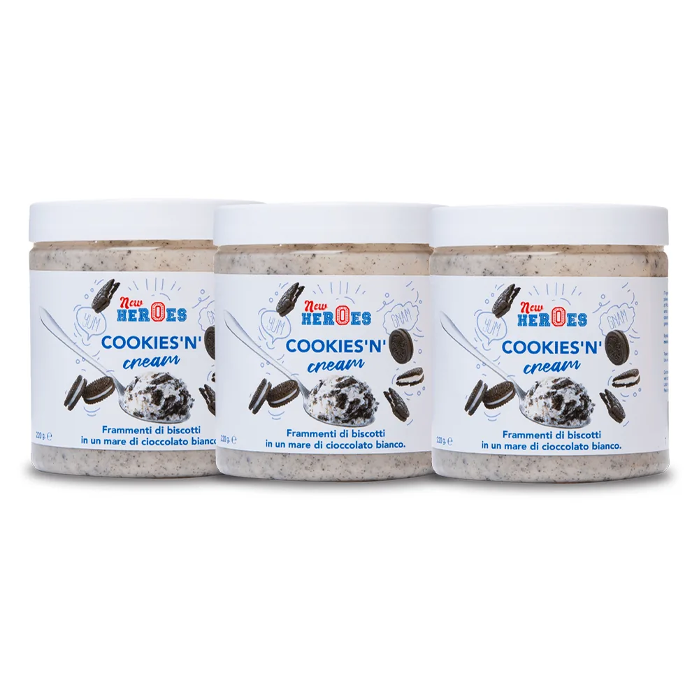 3x New Heroes Cookies'n'Cream, crème au chocolat blanc avec morceaux de cookies de 220g