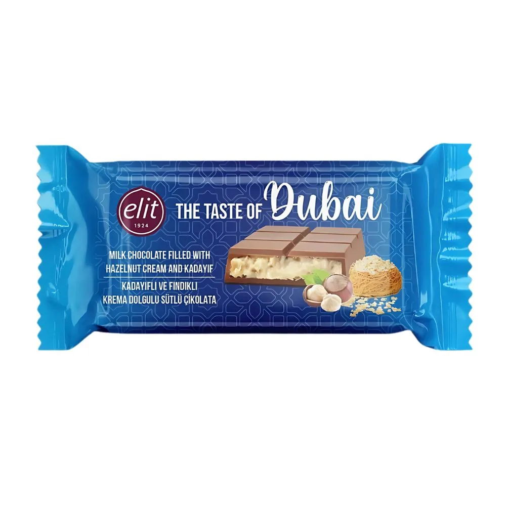 Elit Hazelnut Dubai Chocolate, barre de chocolat au lait avec crème de noisettes et Kadayif de 90g