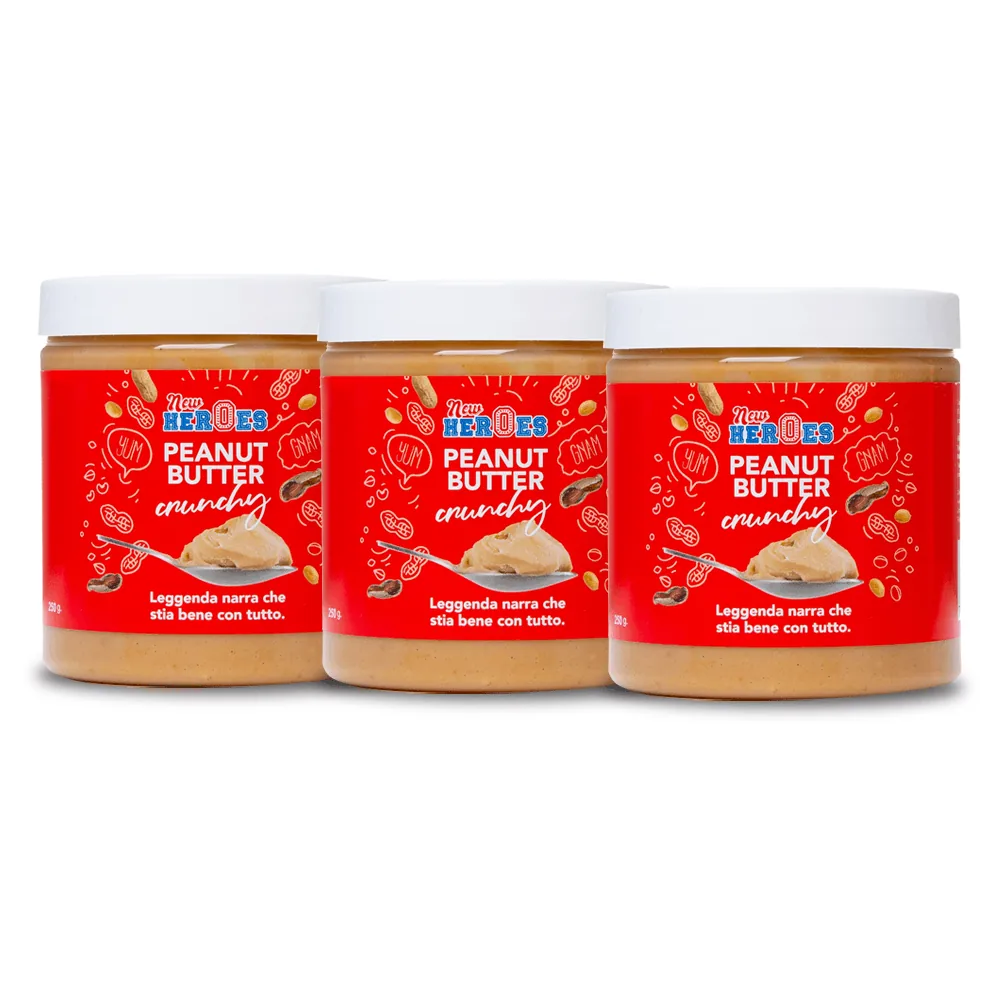 3x New Heroes Peanut Butter Crunchy, beurre de cacahuète avec morceaux entiers de 250g