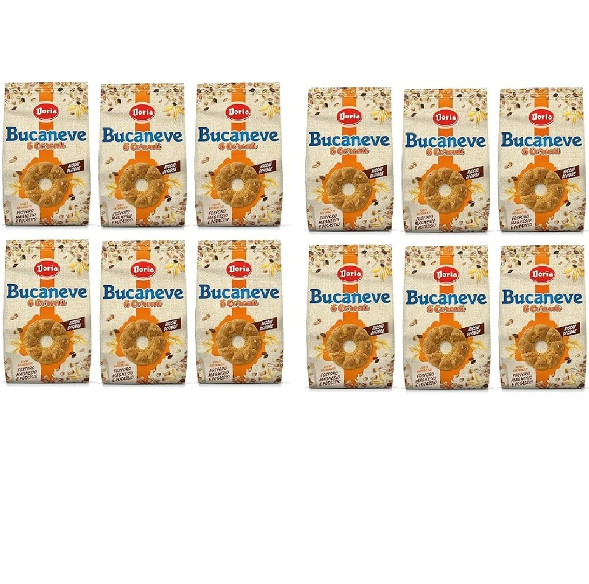 12x Doria Bucaneve Biscotti ai 6 Cereali Biscuits à l'avoine, à l'épeautre, au blé, au riz, au sarrasin et à l'orge Sachet de 300 g