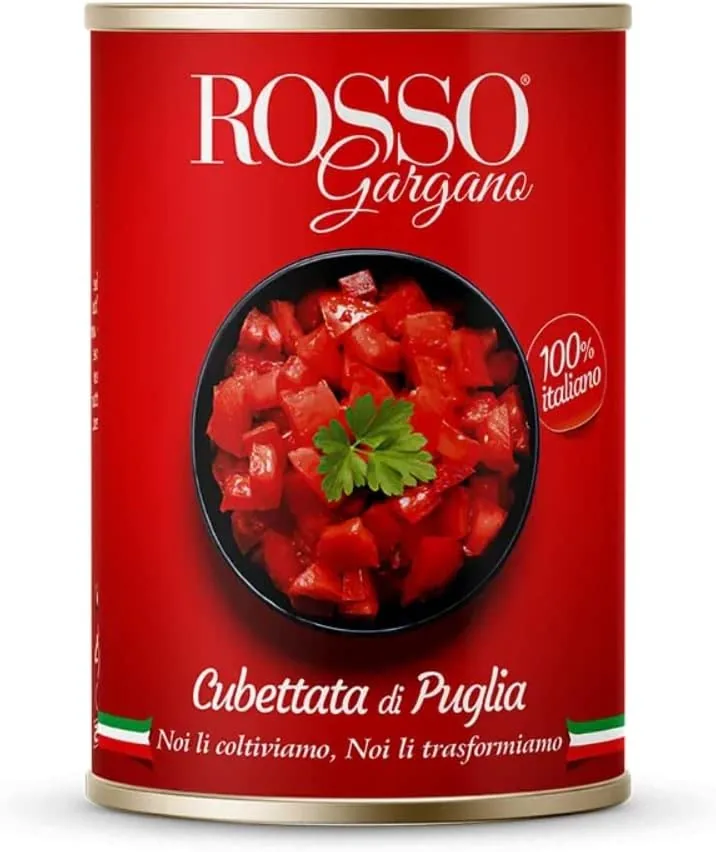 24x Rosso Gargano Cubettata Pulpe de tomate des Pouilles à partir de tomates 100% italiennes boîte de 400 g + Italian Gourmet polpa 400g